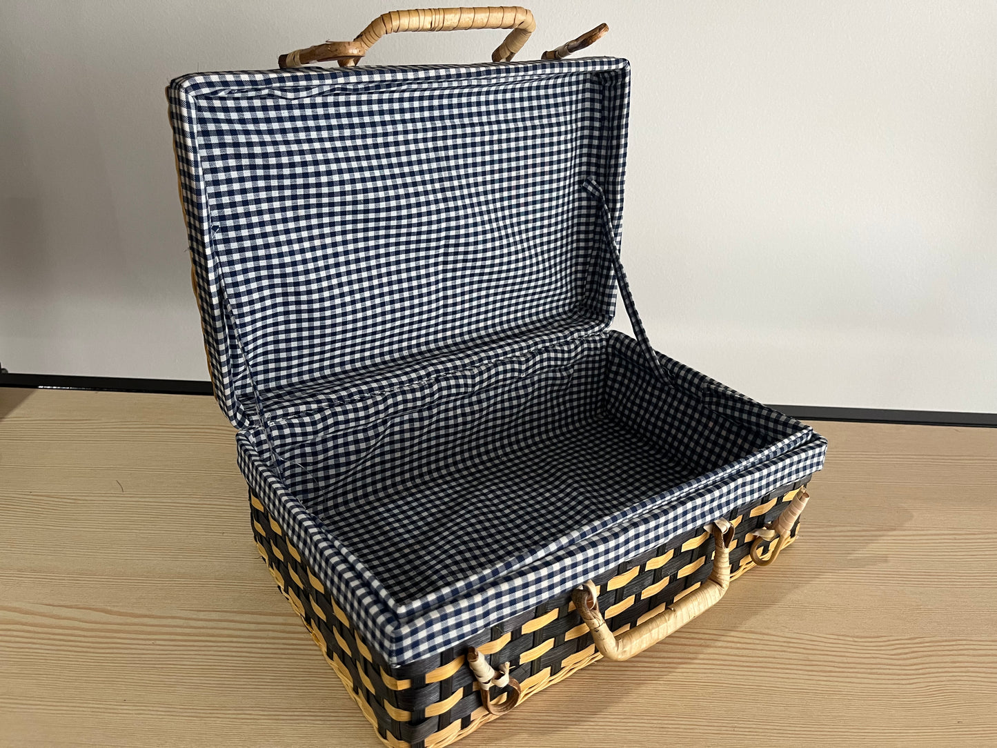 Valise pique nique Bambou et doublure Vichy bleu
