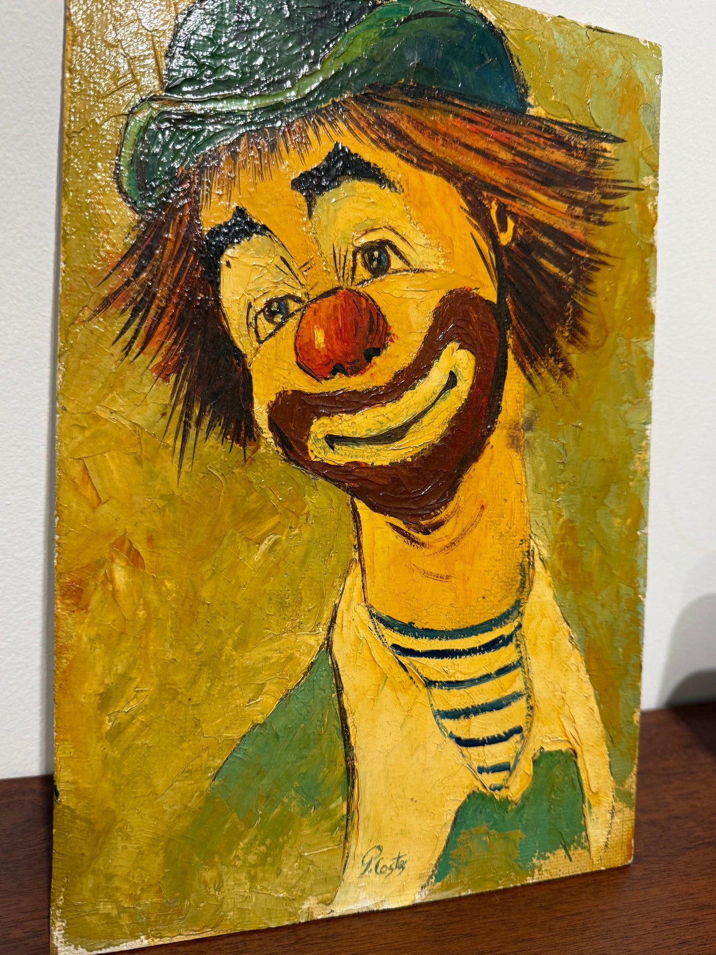 Peinture à l’huile sur panneau – Clown souriant signé P. Costa