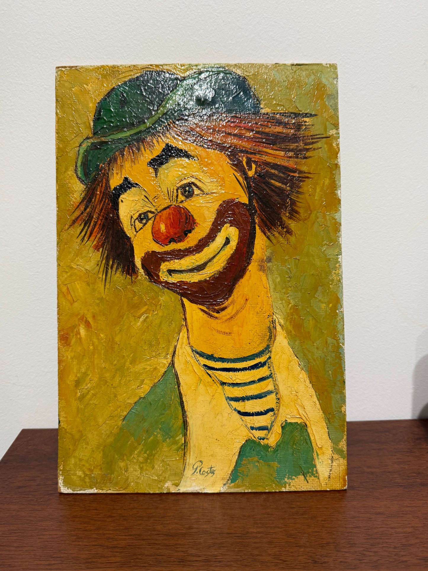 Peinture à l’huile sur panneau – Clown souriant signé P. Costa