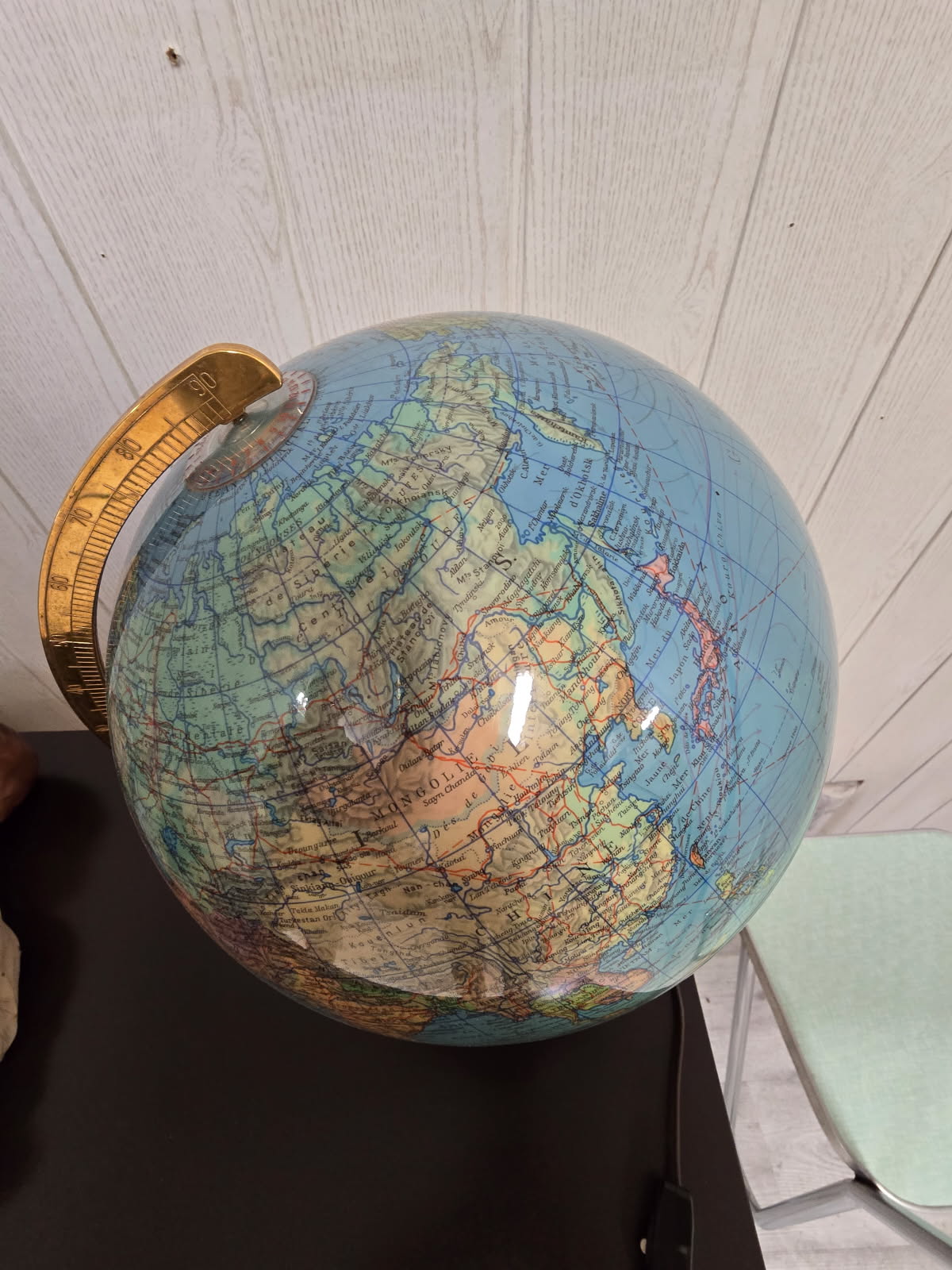 Globe terrestre lumineux Duplex des années 70 / Socle bois et méridien doré - Columbus Verlag – Allemagne