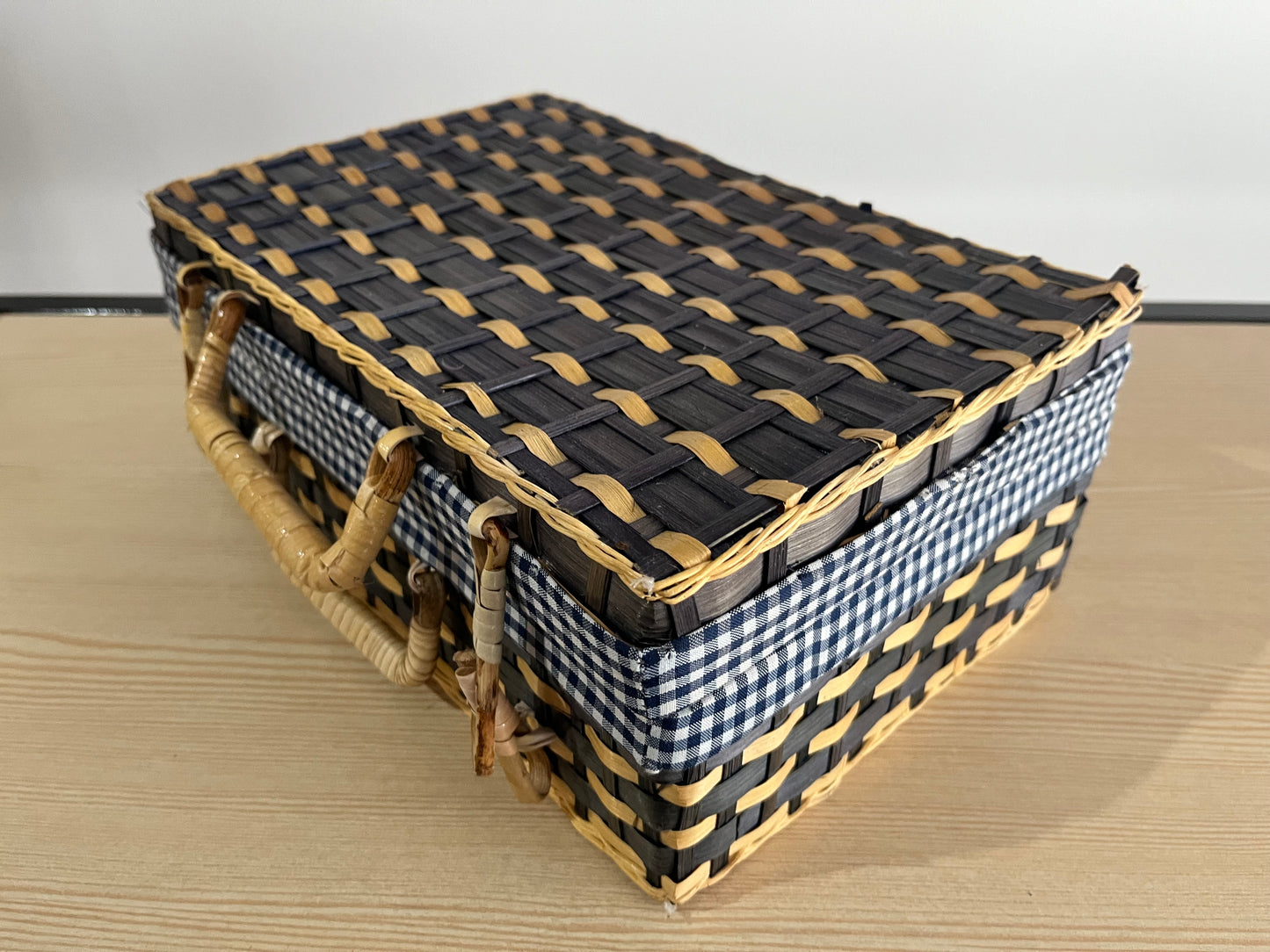 Valise pique nique Bambou et doublure Vichy bleu