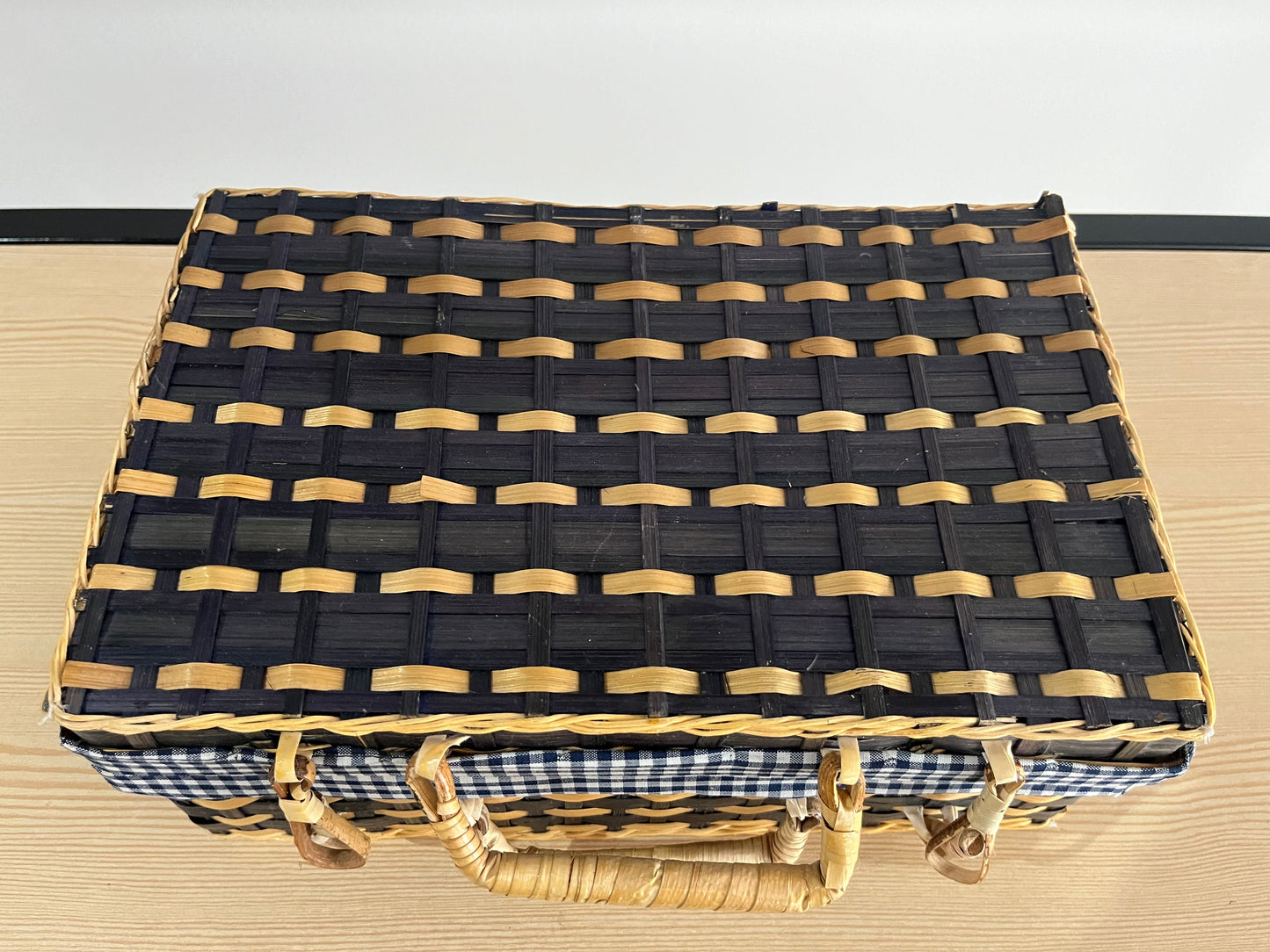 Valise pique nique Bambou et doublure Vichy bleu