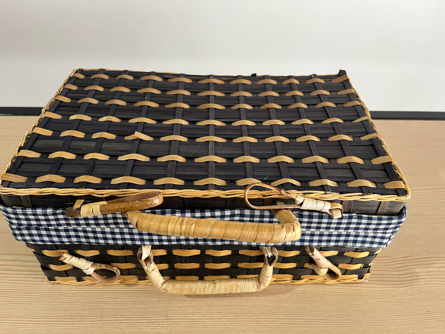 Valise pique nique Bambou et doublure Vichy bleu