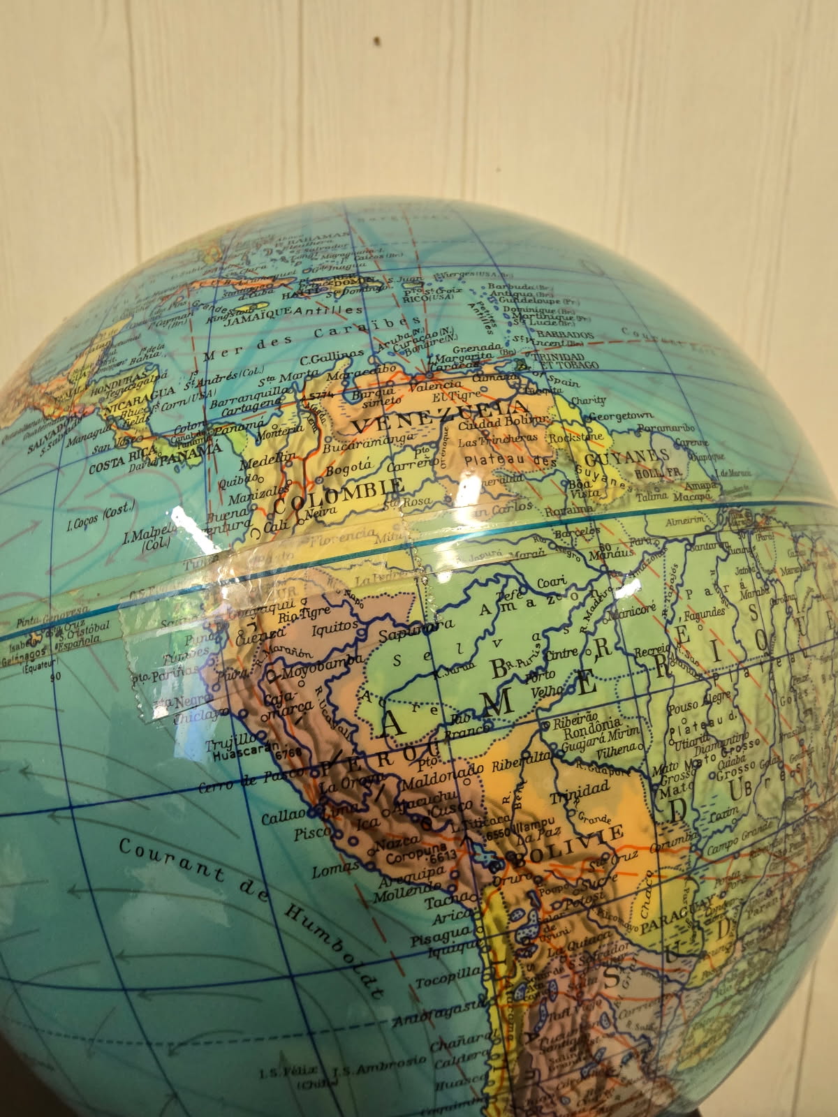 Globe terrestre lumineux Duplex des années 70 / Socle bois et méridien doré - Columbus Verlag – Allemagne