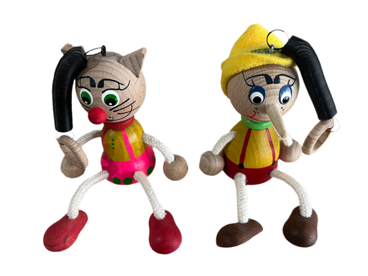 Marionnette Pinocchio et marionnette chat en bois