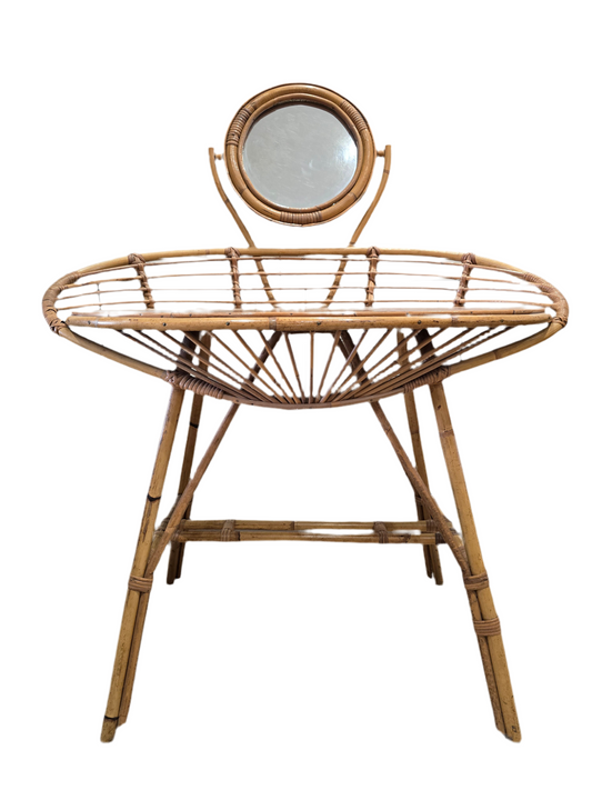 Coiffeuse vintage en rotin avec miroir pivotant