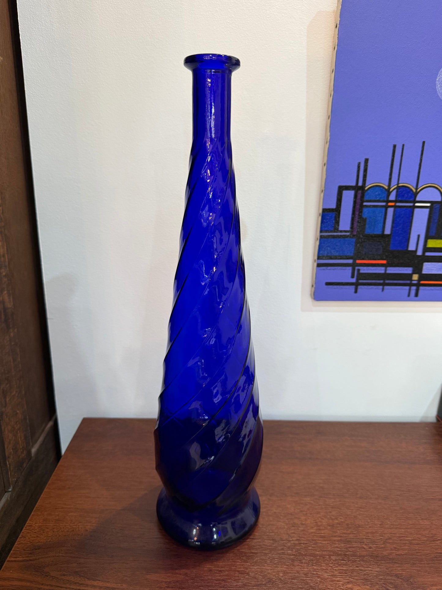 Grand vase torsadé en verre bleu cobalt – 60/70’s H50 cm