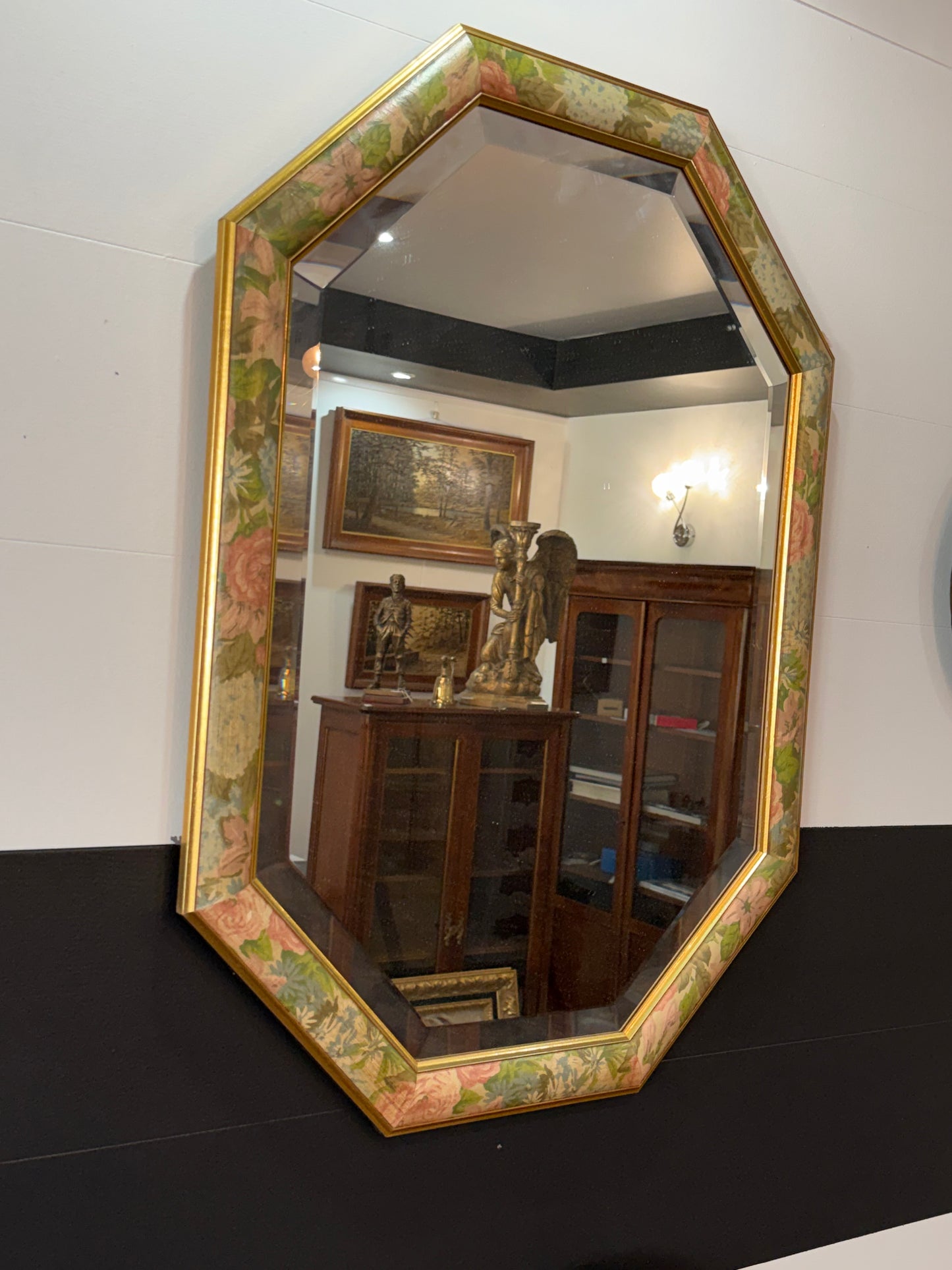 Miroir octogonal vintage à encadrement floral doré – 1989