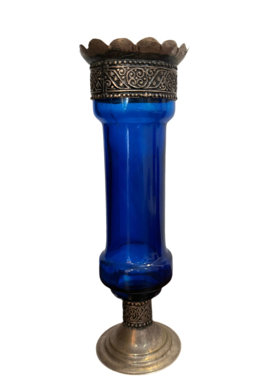 Bougeoir vintage style oriental en verre bleu et métal ciselé – H20 cm