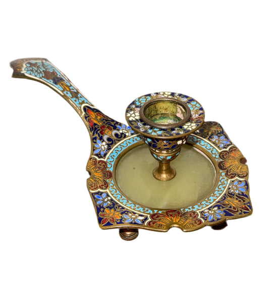Bougeoir en bronze émaillé cloisonné sur socle en onyx