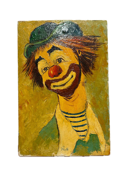 Peinture à l’huile sur panneau – Clown souriant signé P. Costa