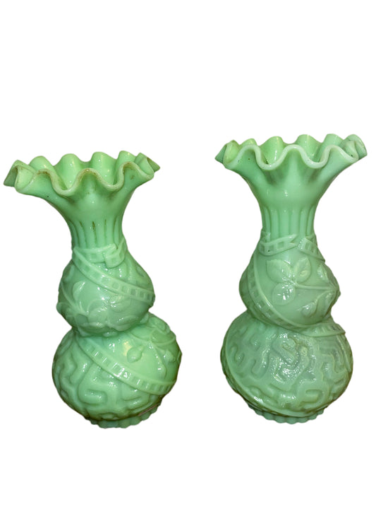 Paire de vase opaline vert bohème vintage