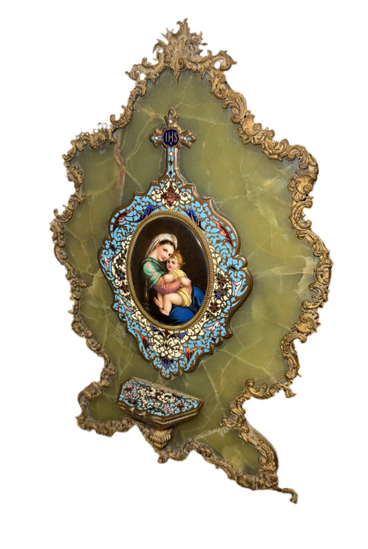 Bénitier ancien en onyx et bronze doré avec émail cloisonné et miniature peinte à la main