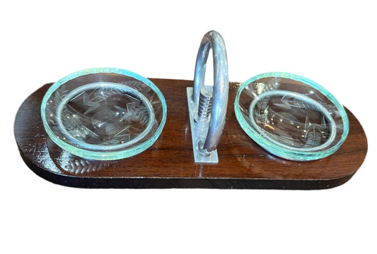 Vide-poche Art Déco en bois, verre gravé et métal chromé