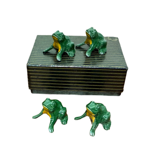 4 figurines grenouilles vintage en métal peint signées ROGER