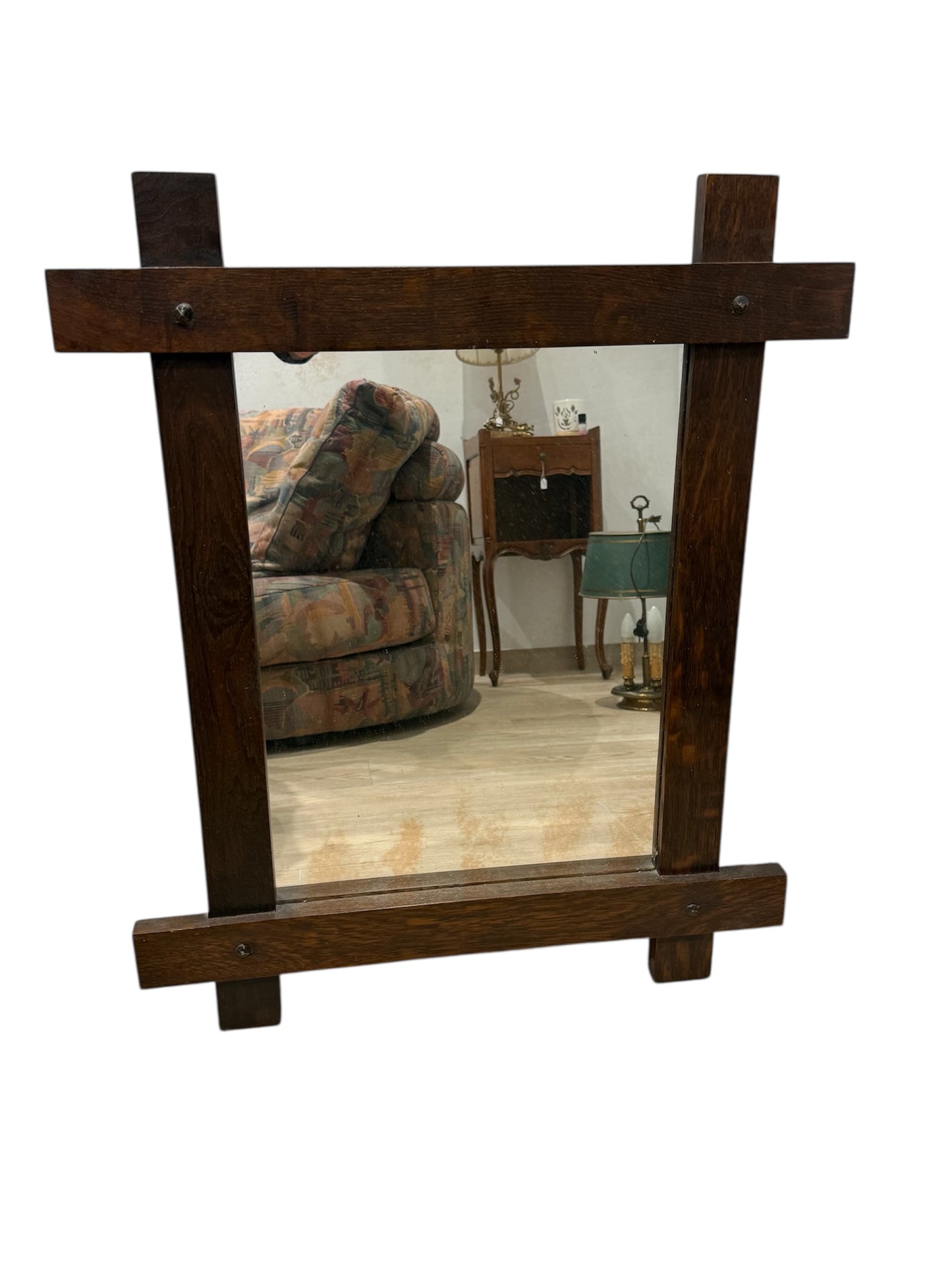 Miroir vintage rectangulaire à cadre croisé en bois foncé - 70’s