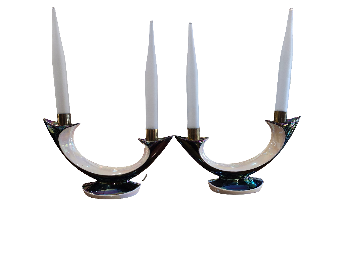 Paire de bougeoirs électriques Verceram – Design Space Age- céramique irisé