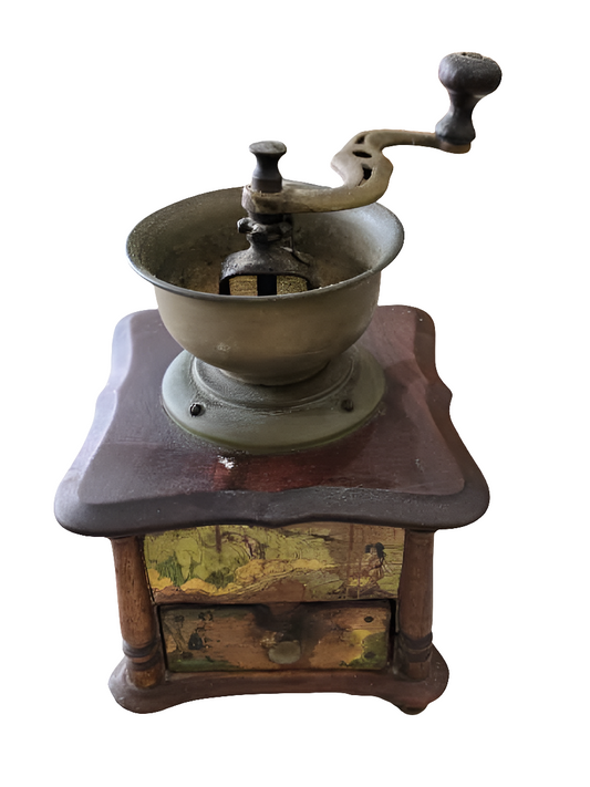 Moulin à café en bois décoré - manivelle et tiroir intégré