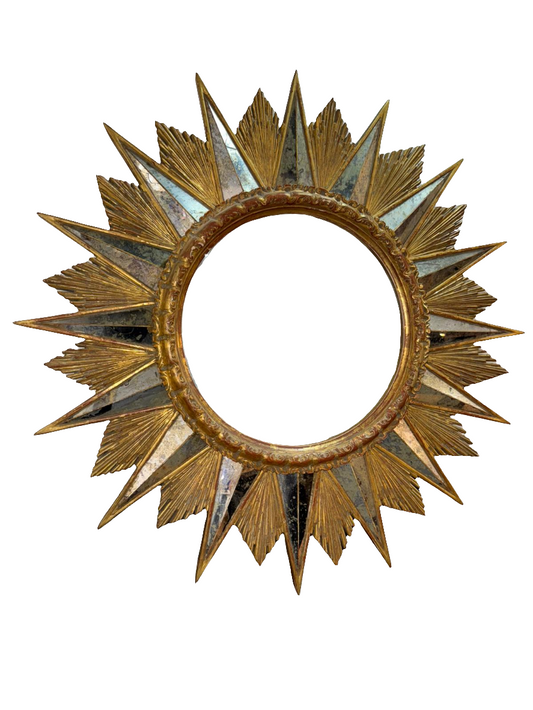 Miroir soleil doré à rayons en bois vintage