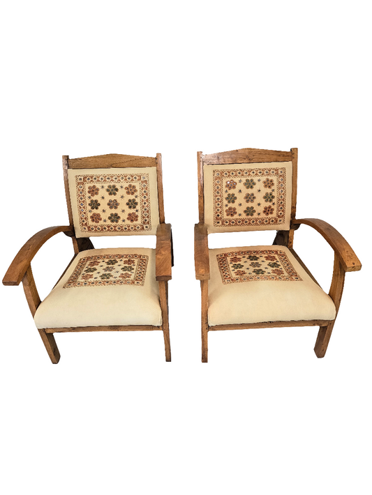 Paire fauteuil bohème en bois massif tissu brodé