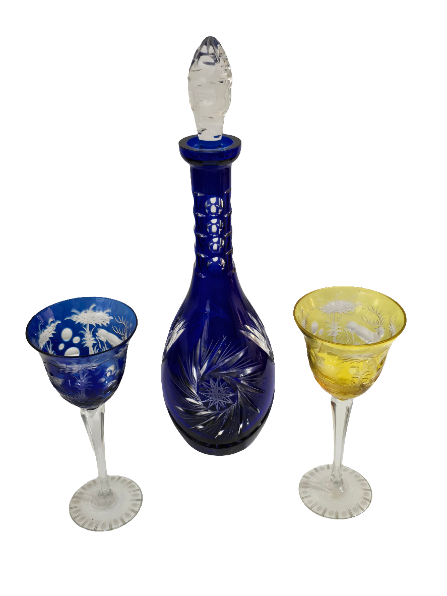 Carafe en cristal de bohème bleuté verre déglacer à l’acide décore forêt