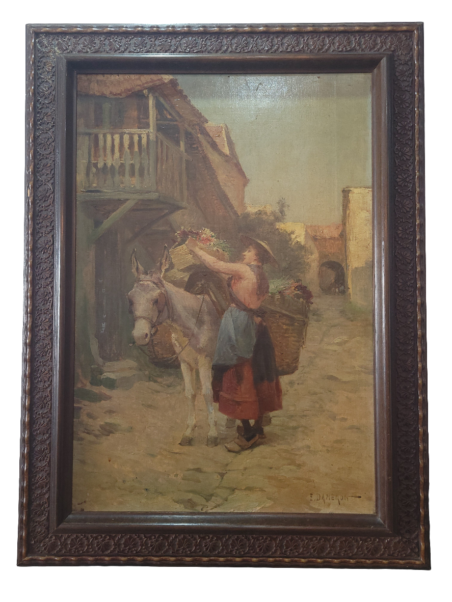 Scène de village - Huile sur toile signée E. DAMERON