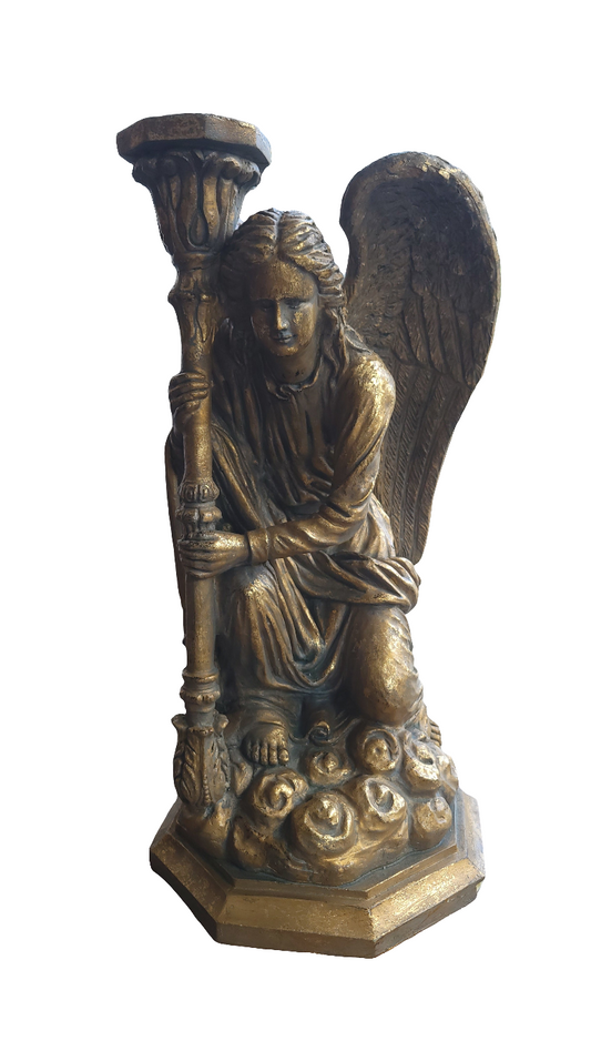 Sculpture d’ange agenouillé avec candélabre – Résine dorée