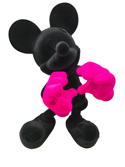 Sculpture Mickey velours noir & gants roses – Pop Art – 60 cm