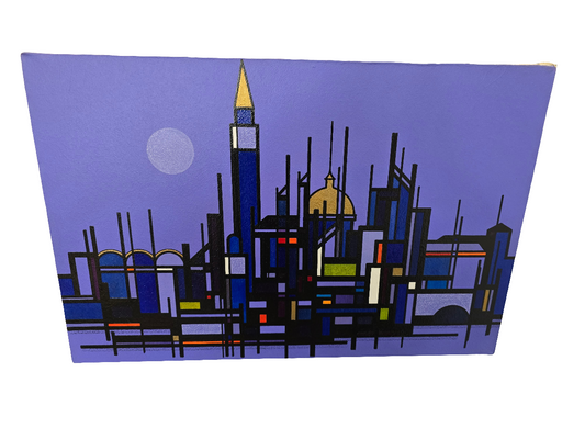 Tableau Ville géométrique abstraite – 60 x 40 cm – Signé Hammar 76