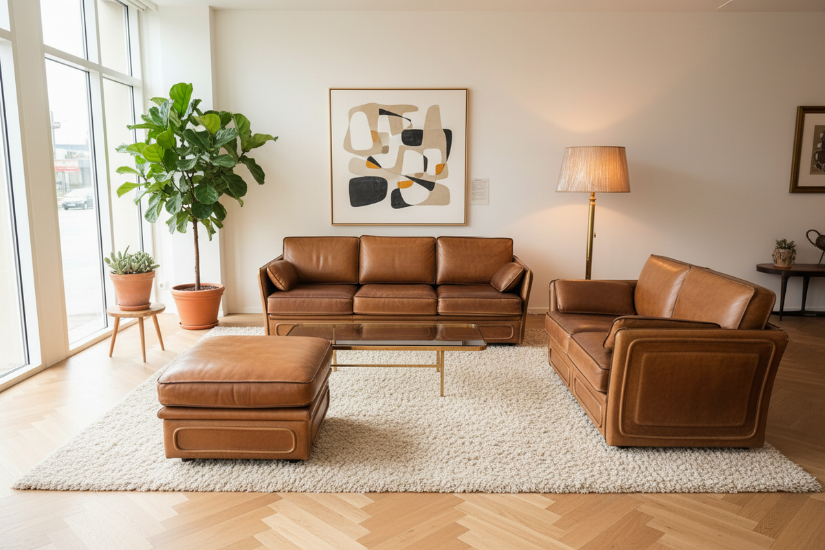 Salon Roche Bobois vintage années 80 – Cuir de buffle cognac – 2 canapés + pouf