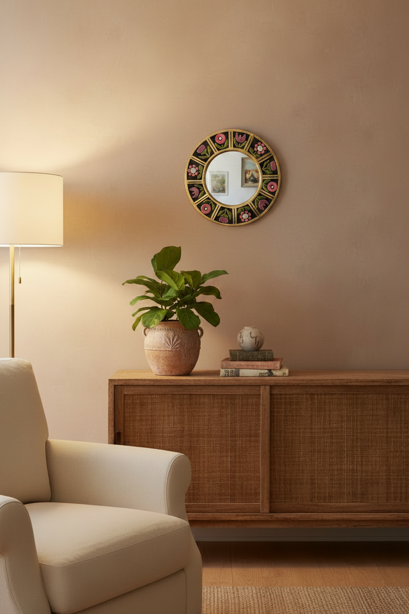 Mithé Espelt - miroir en céramique émaillée. Décor floral, années 1960