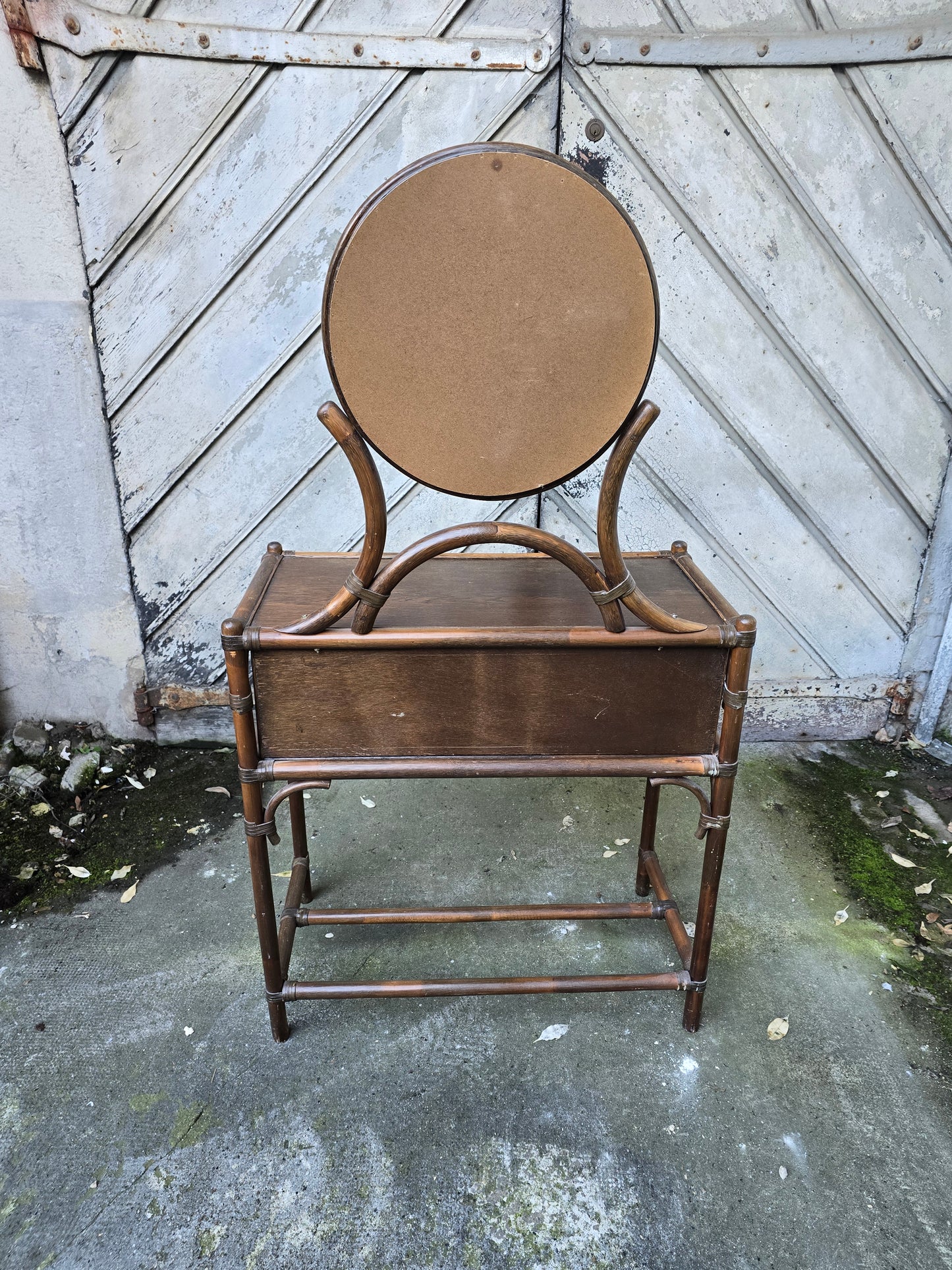 Coiffeuse en bambou et rotin avec miroir – style exotique années 1960 / 1970