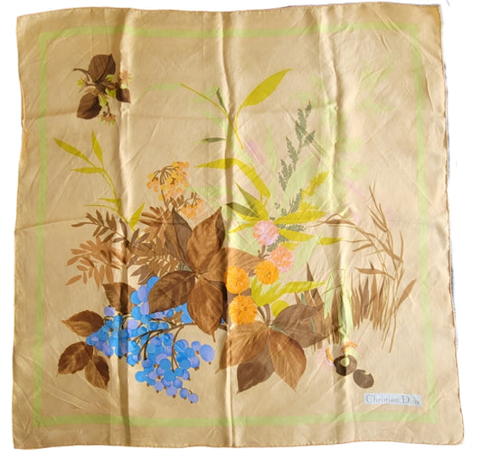 Foulard en soie Christian Dior – Motif floral vintage, années 1970