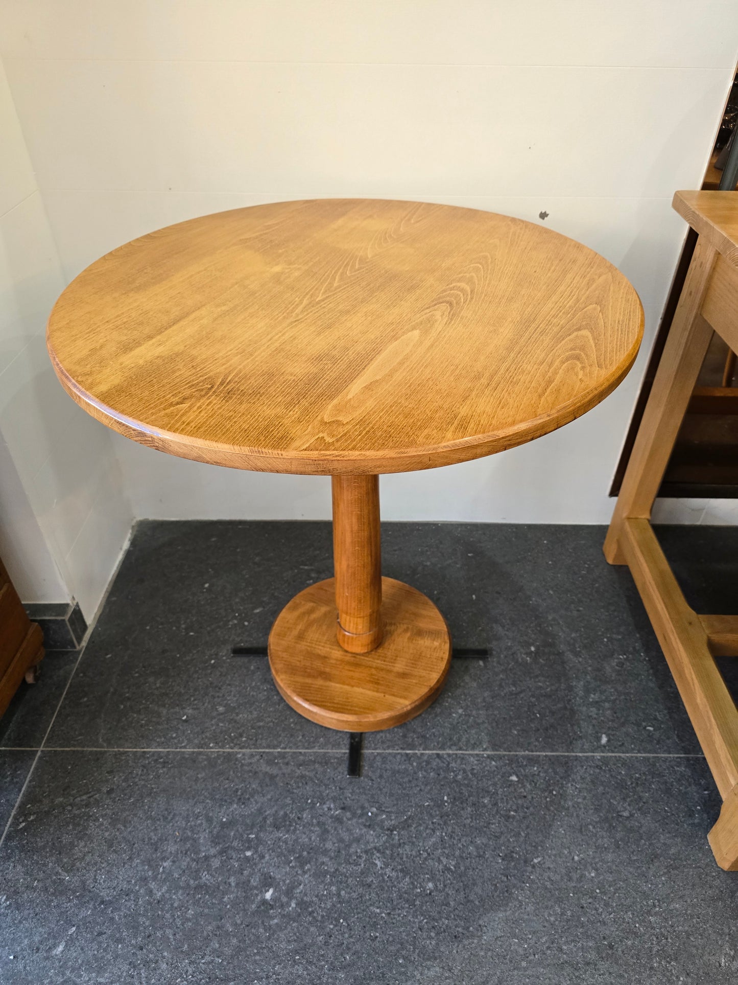 Guéridon vintage rond en bois et métal – H. 75 cm, Ø 72 cm