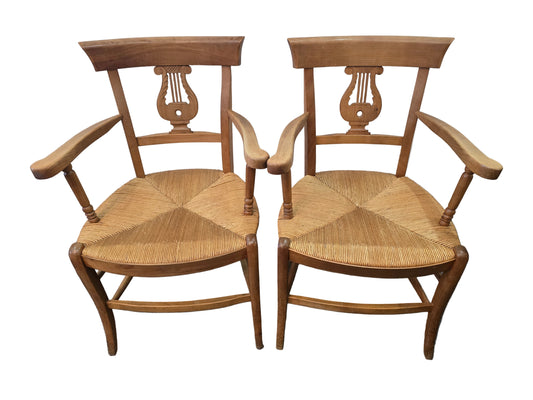 Paire de fauteuils anciens à lyre – assise en paille tressée