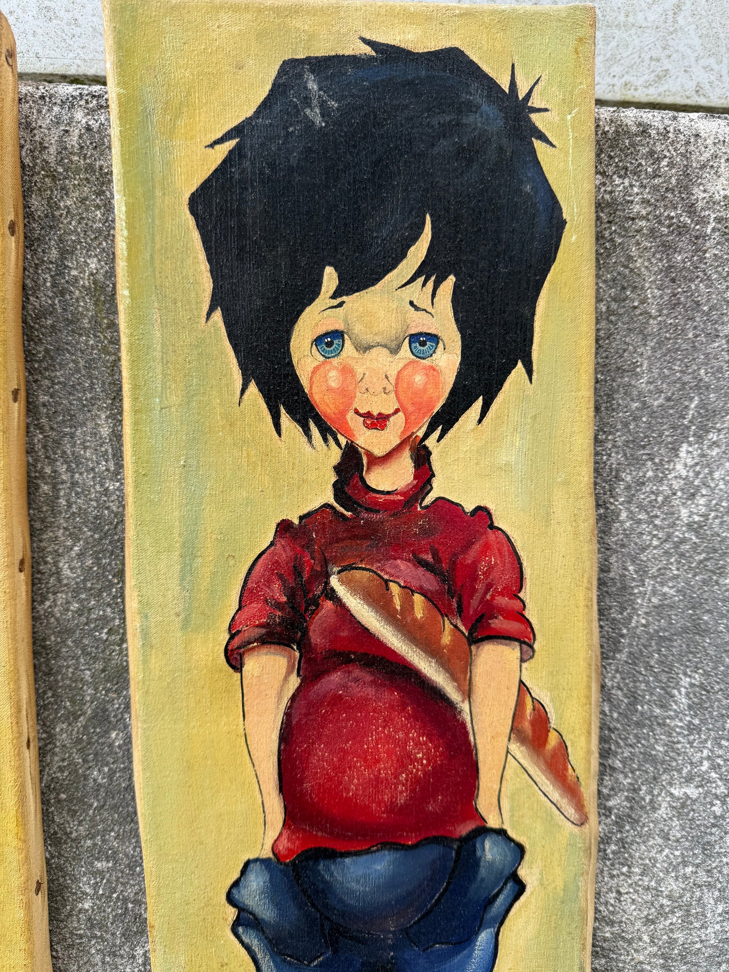 Paire de tableaux vintage naïfs signés (1967) – Enfant à la baguette & fillette en robe rouge – 60 x 20 cm