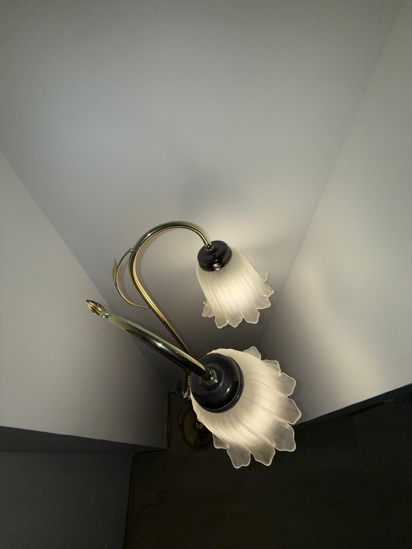 Lampadaire à double tulipe en verre opalin – Laiton et chrome – Style Art Nouveau – Années 1970