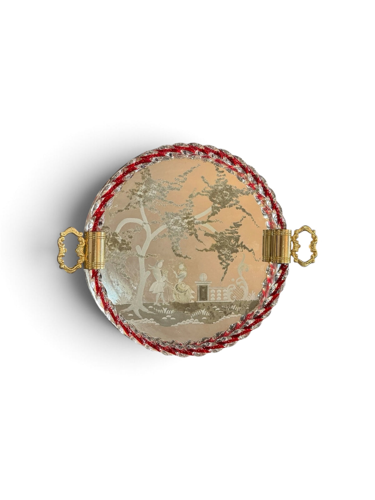 Plateau miroir gravé à bordure en verre torsadé rouge & blanc  Murano / Venise (c. 1940–1950)