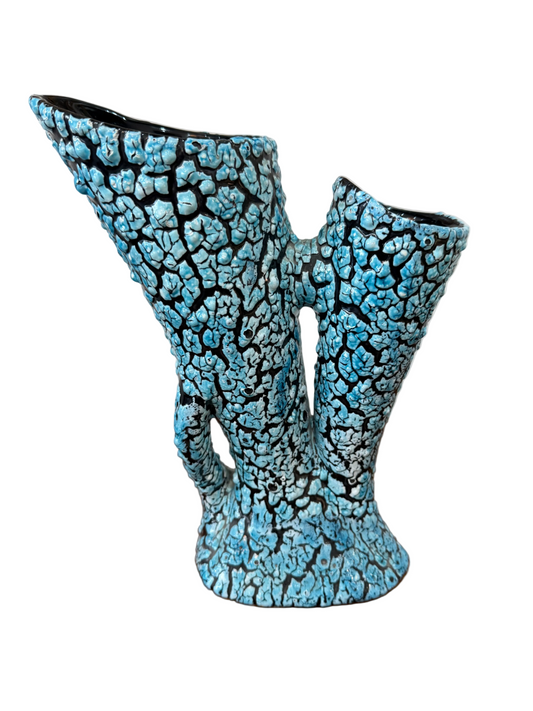 Grand vase sculptural céramique émaillée texturée bleu turquoise et noir – Double cornet – H. 31 cm