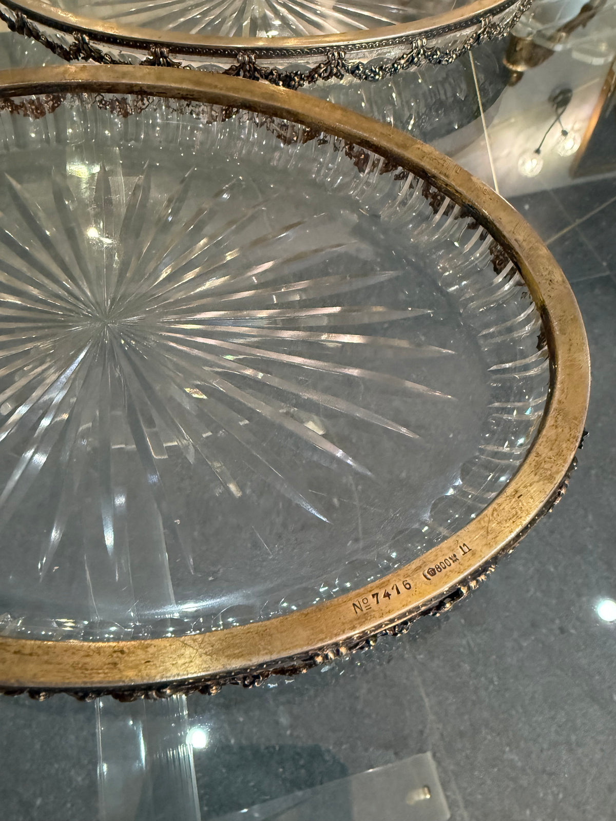 Paire de Plat en cristal taillé et monture argent massif 800 allemagne Fin XIXe