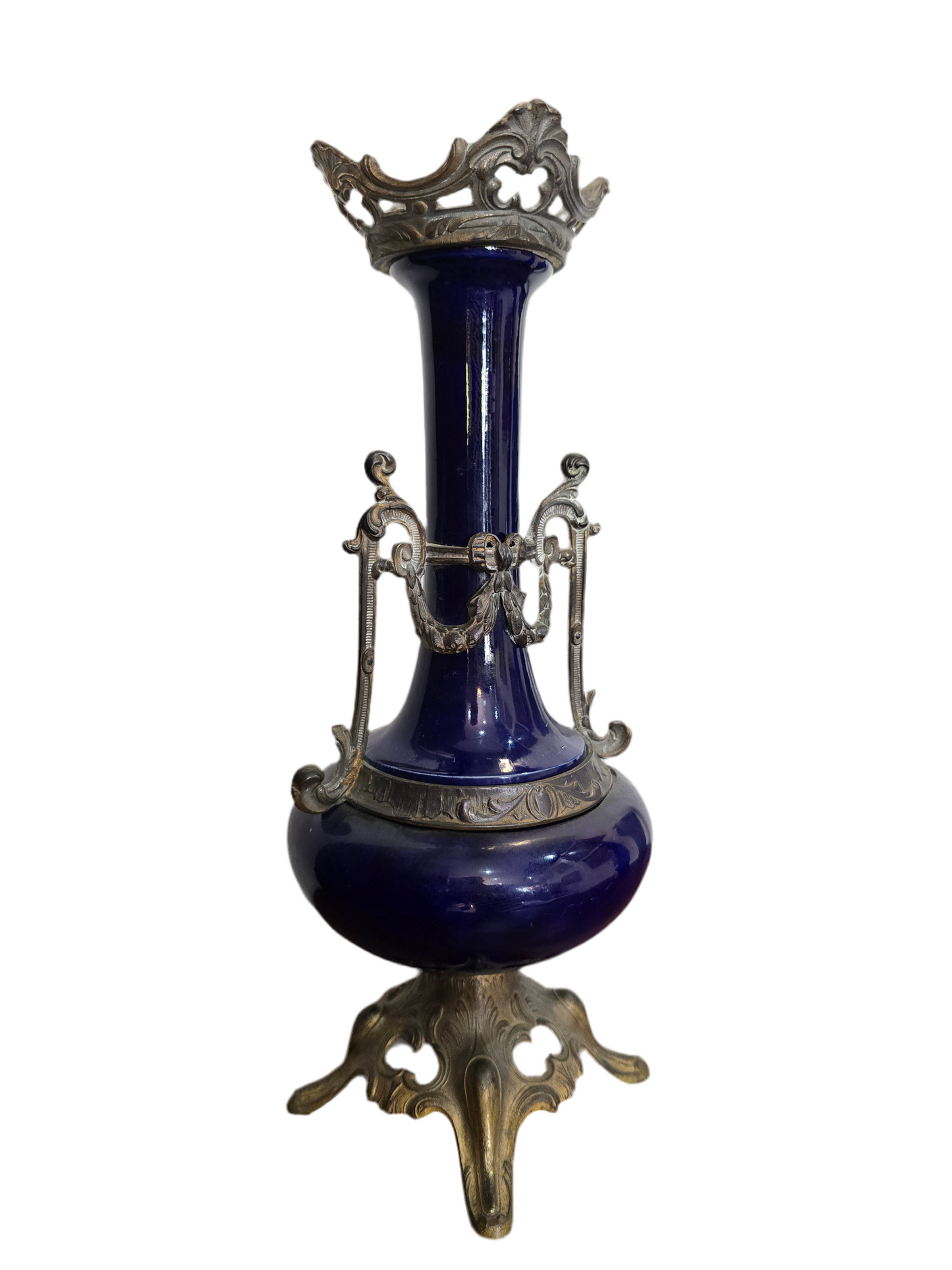 Vase ancien en verre bleu cobalt et monture bronze – Style Napoléon III – H40 cm