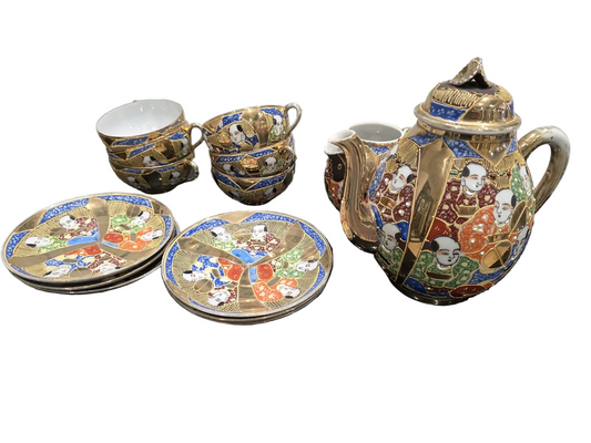 Service à thé japonais Satsuma doré – 6 tasses, soucoupes et pichets – Japon