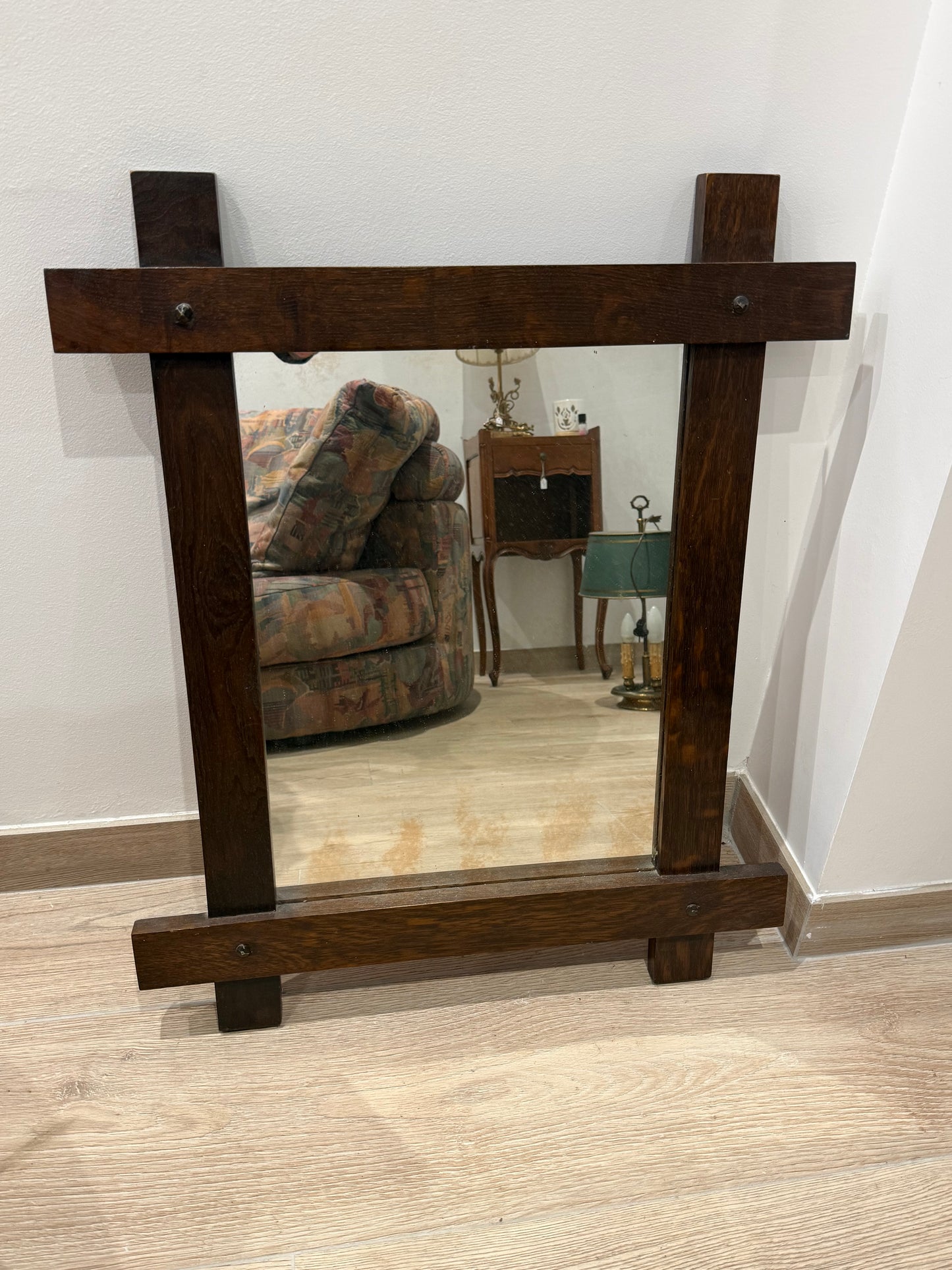 Miroir vintage rectangulaire à cadre croisé en bois foncé - 70’s