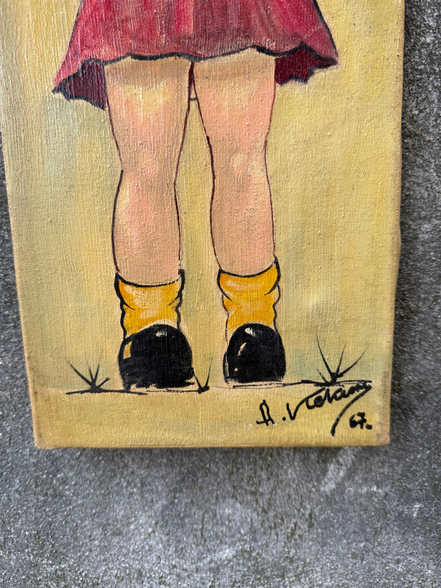 Paire de tableaux vintage naïfs signés (1967) – Enfant à la baguette & fillette en robe rouge – 60 x 20 cm
