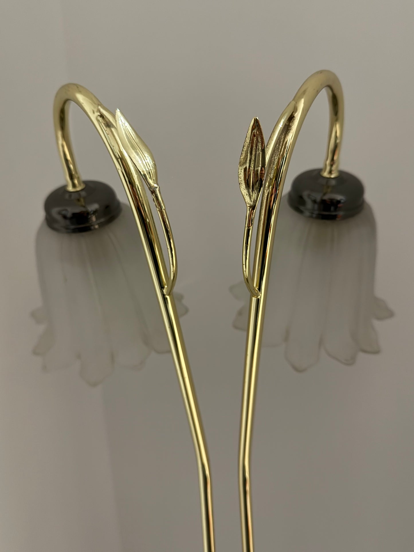 Lampadaire à double tulipe en verre opalin – Laiton et chrome – Style Art Nouveau – Années 1970