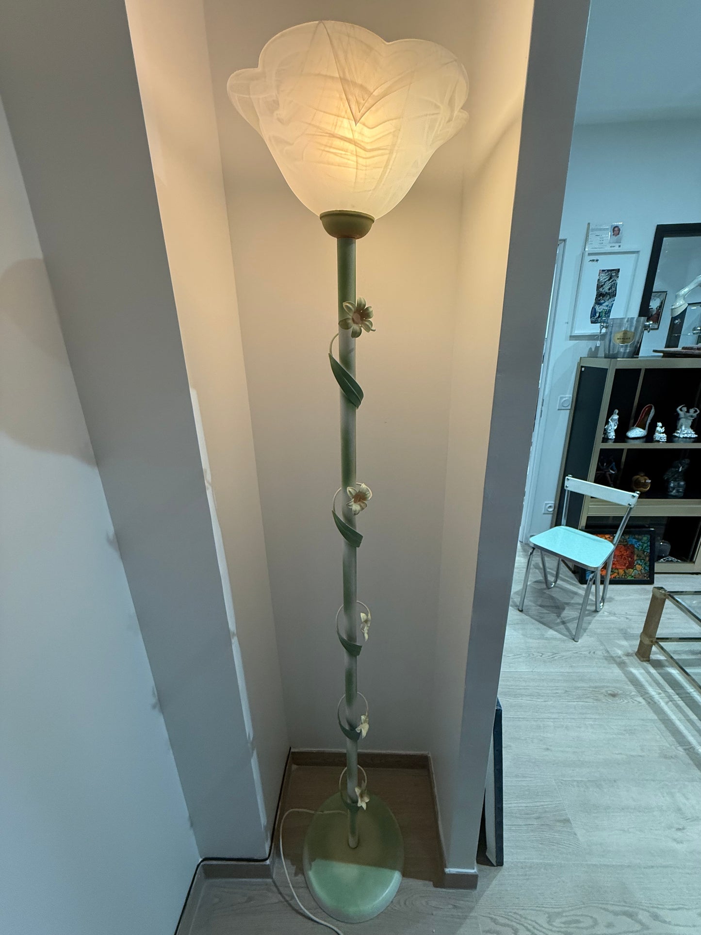 Lampadaire décoratif floral en verre marbré – Style Art Nouveau – Années 1980/1990