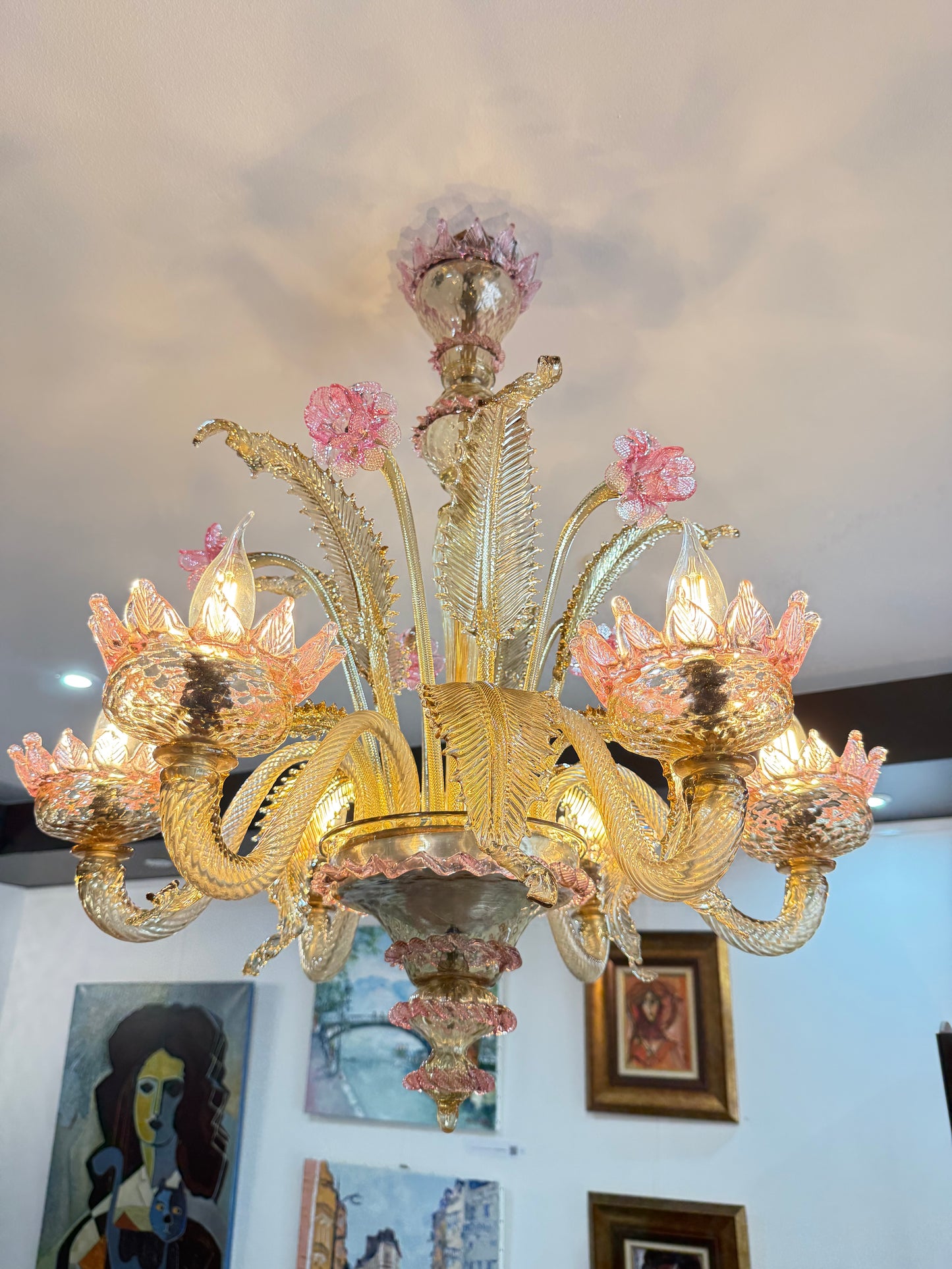 Lustre vénitien en verre de Murano, à six feux