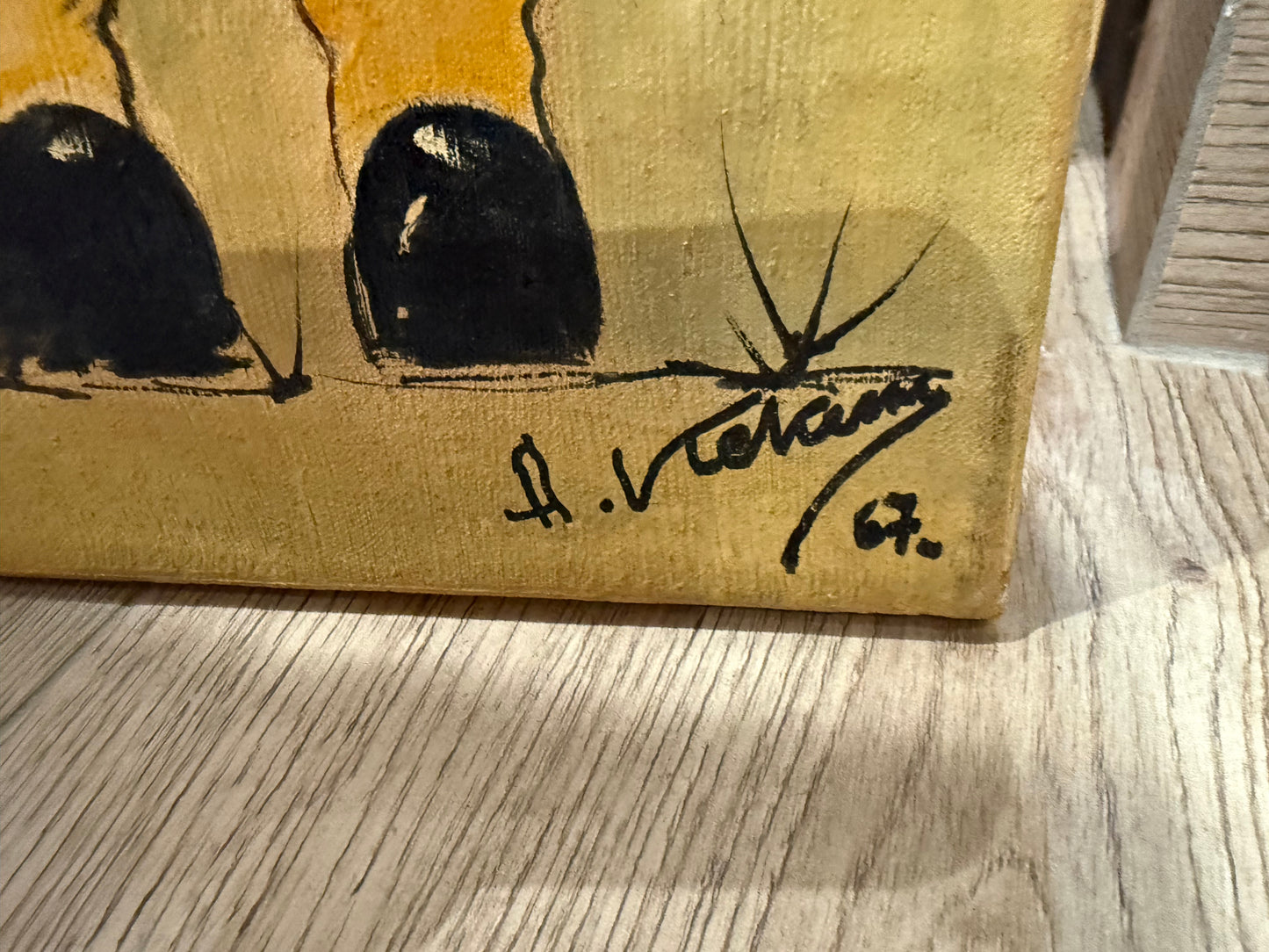 Paire de tableaux vintage naïfs signés (1967) – Enfant à la baguette & fillette en robe rouge – 60 x 20 cm