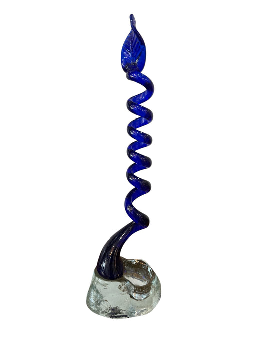 Sculpture / Soliflore en verre soufflé bleu cobalt signé – Travail artistique vintage – H. 32 cm