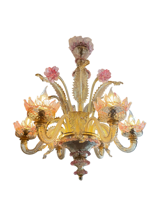 Lustre vénitien en verre de Murano à décor floral rose et doré – 6 feux